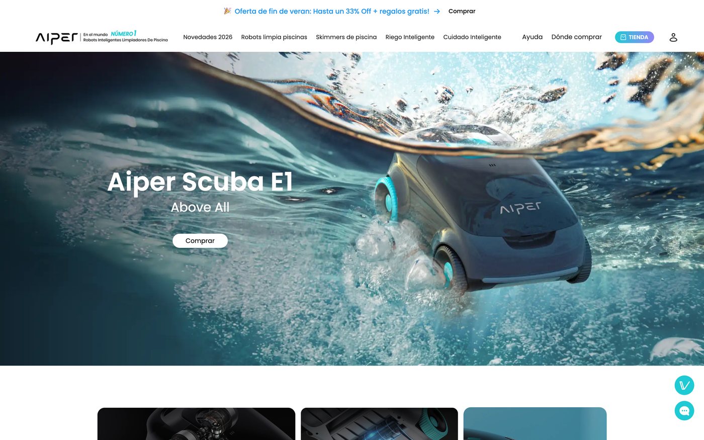 Captura de la ficha oficial de Aiper Scuba E1 en el sitio de Aiper