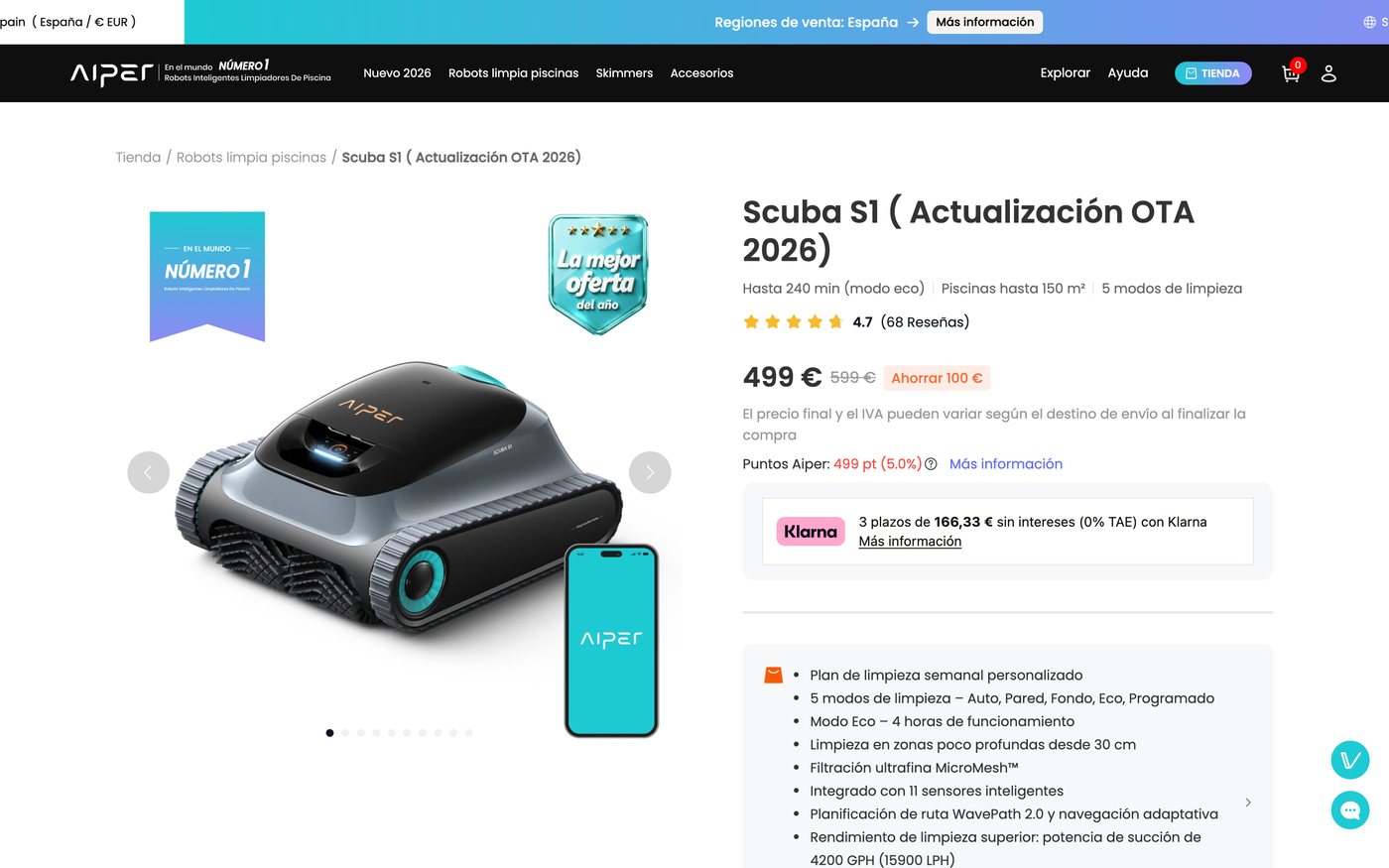 Captura de la ficha oficial de Aiper Scuba S1 en el sitio de Aiper