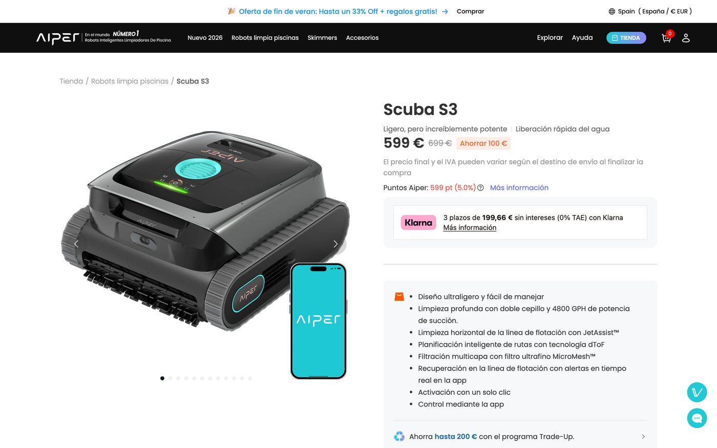 Captura de la ficha oficial de Aiper Scuba S3 en el sitio de Aiper