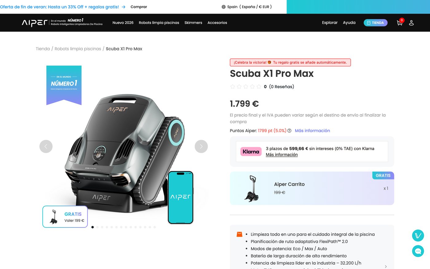 Captura de la ficha oficial de Aiper Scuba X1 Pro Max en el sitio de Aiper