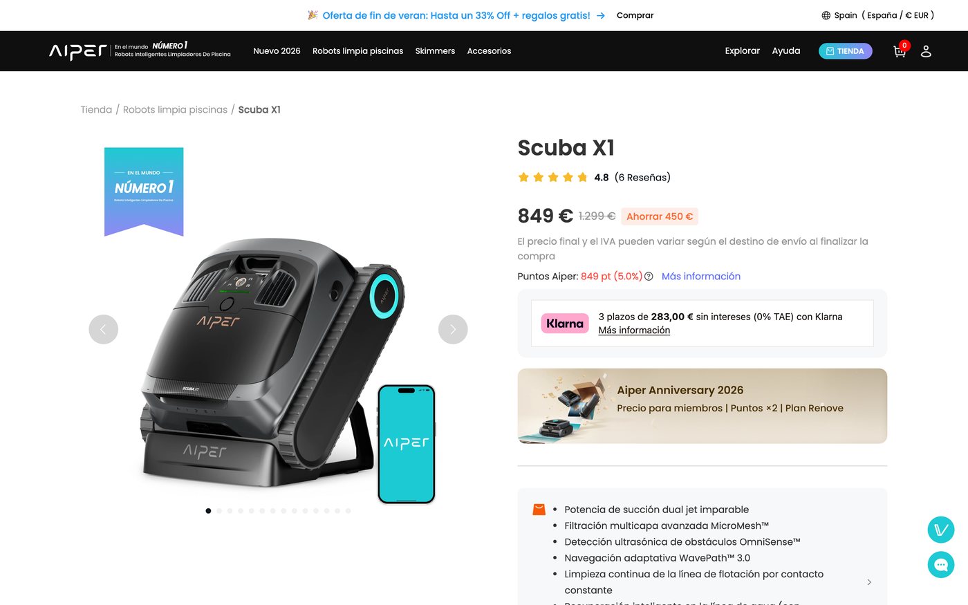 Captura de la ficha oficial de Aiper Scuba X1 en el sitio de Aiper
