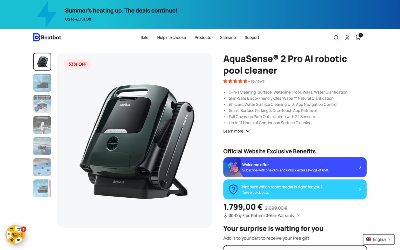 Captura de la ficha oficial de Beatbot AquaSense 2 Pro en el sitio de Beatbot