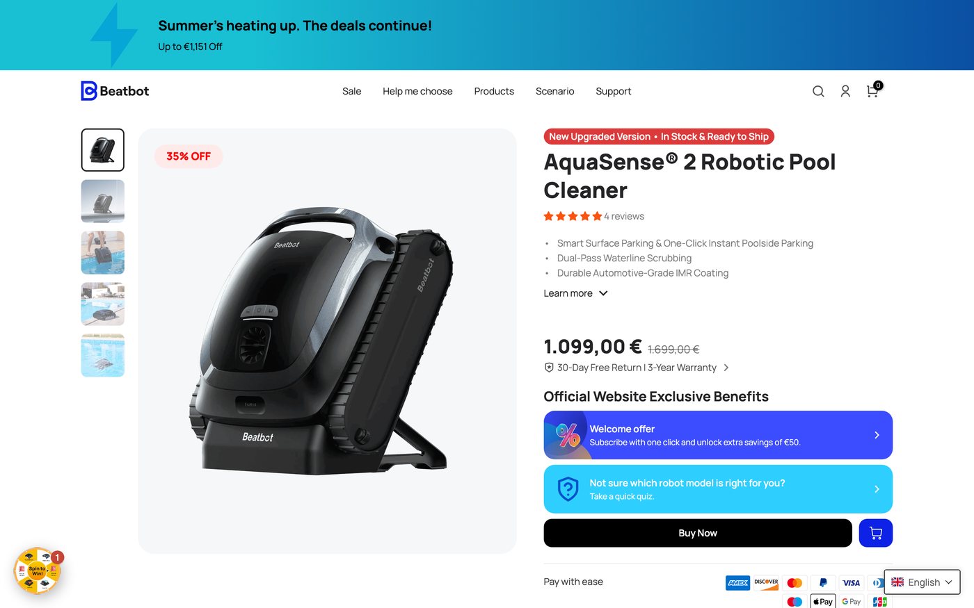 Captura de la ficha oficial de Beatbot AquaSense 2 en el sitio de Beatbot