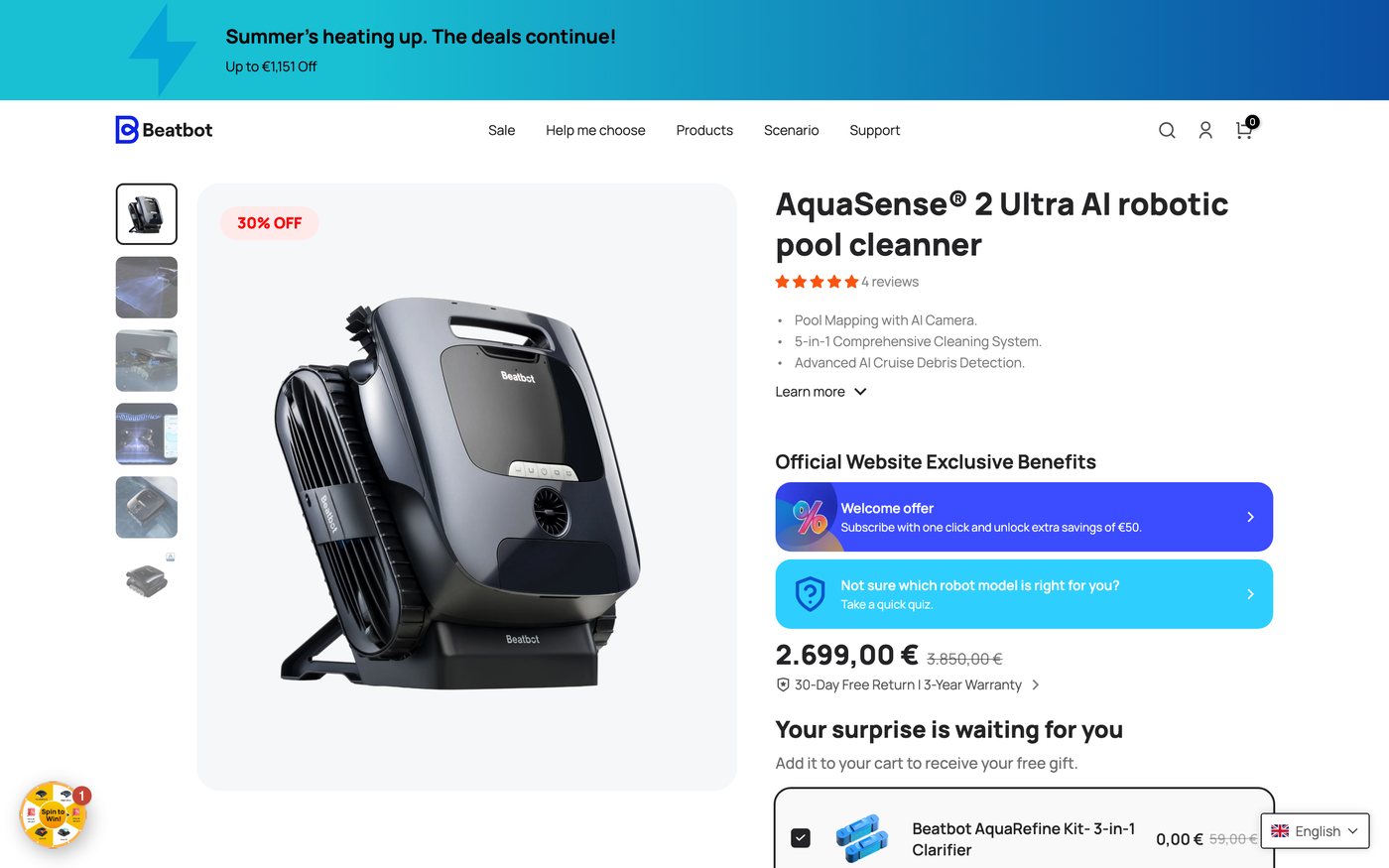 Captura de la ficha oficial de Beatbot AquaSense 2 Ultra en el sitio de Beatbot