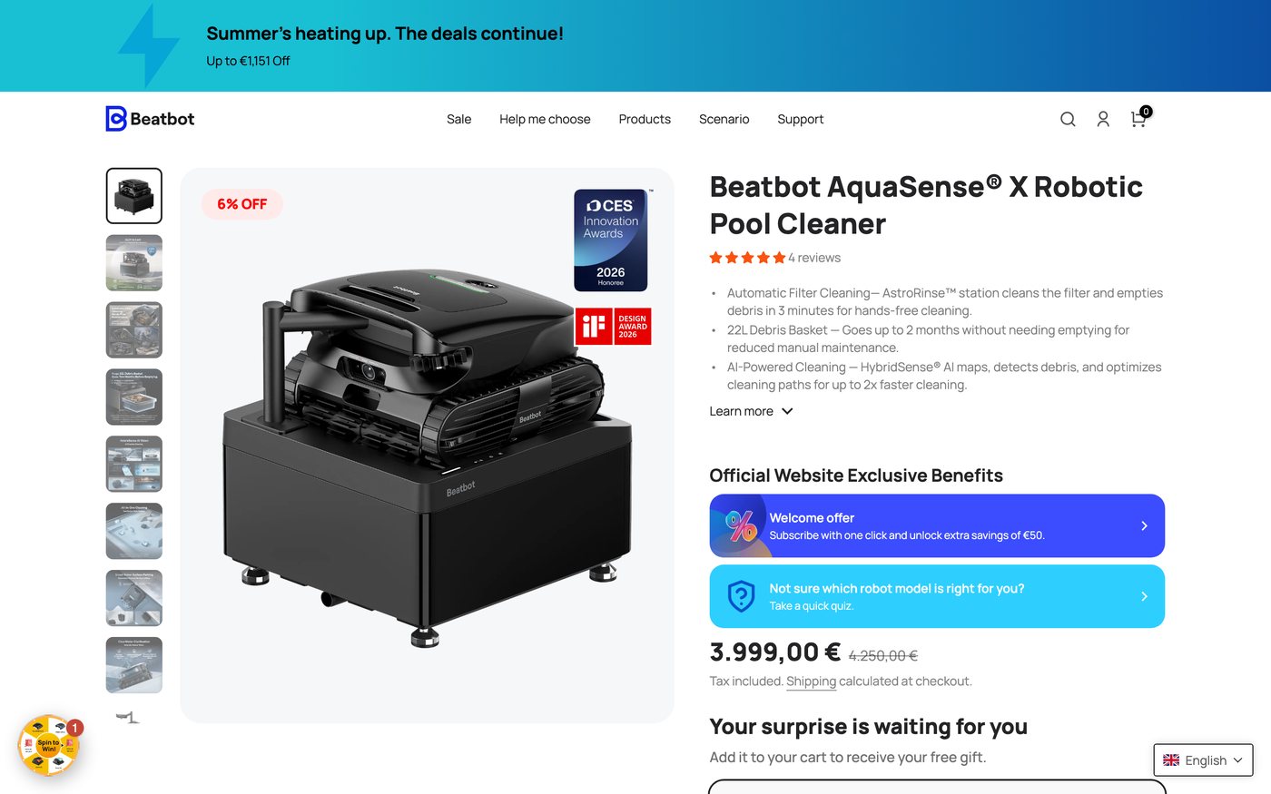 Captura de la ficha oficial de Beatbot AquaSense X en el sitio de Beatbot