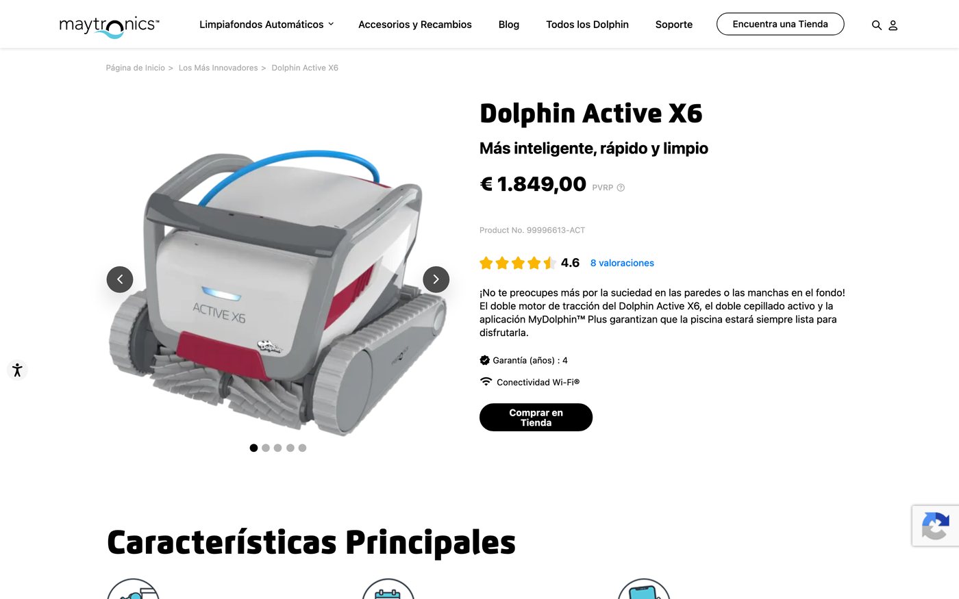 Captura de la ficha oficial de Dolphin Active X6 en el sitio de Maytronics / Dolphin