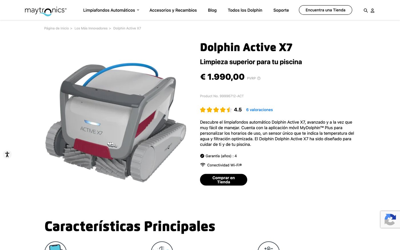 Captura de la ficha oficial de Dolphin Active X7 en el sitio de Maytronics / Dolphin