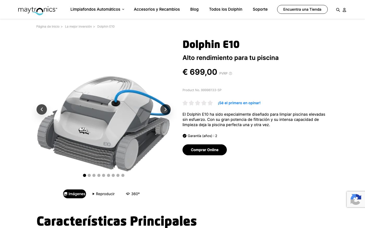 Captura de la ficha oficial de Dolphin E10 en el sitio de Maytronics / Dolphin