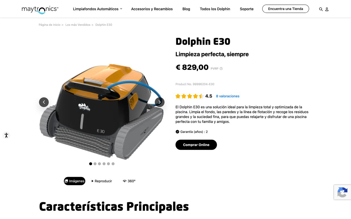 Captura de la ficha oficial de Dolphin E30 en el sitio de Maytronics / Dolphin