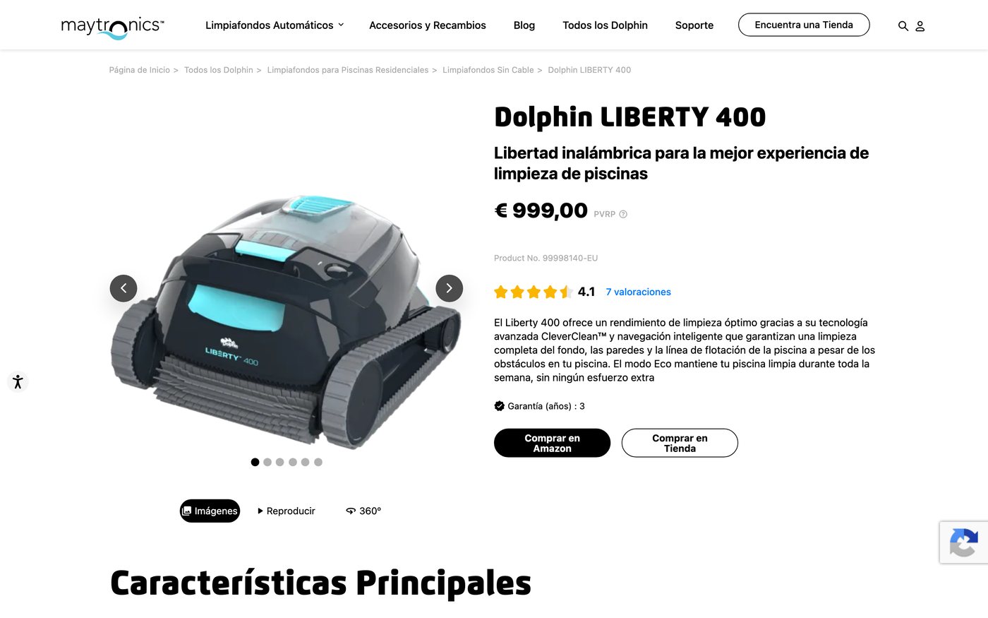 Captura de la ficha oficial de Dolphin LIBERTY 400 en el sitio de Maytronics / Dolphin