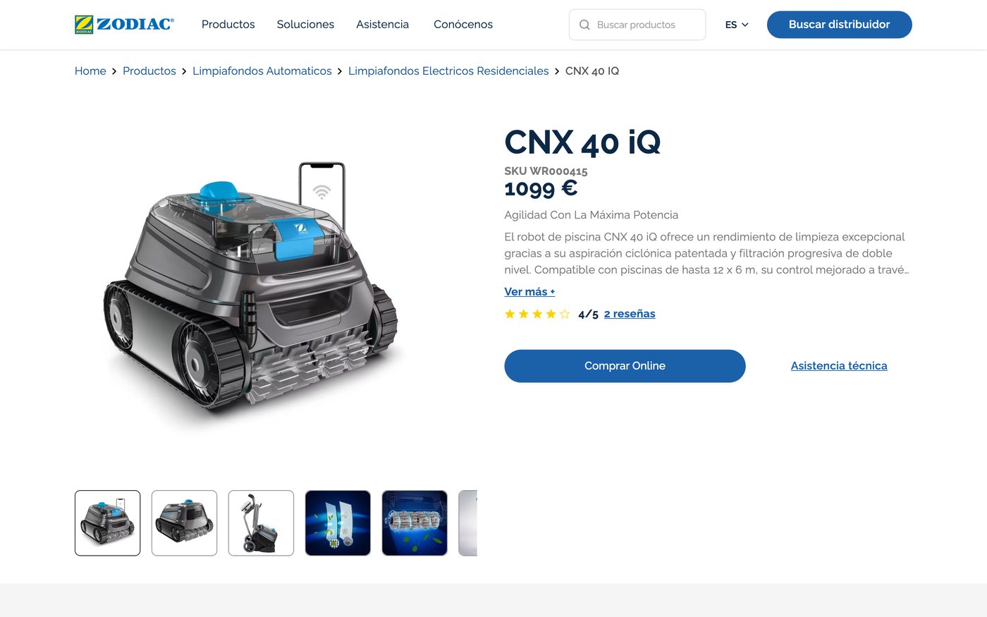 Captura de la ficha oficial de Zodiac CNX 40 iQ en el sitio de Zodiac
