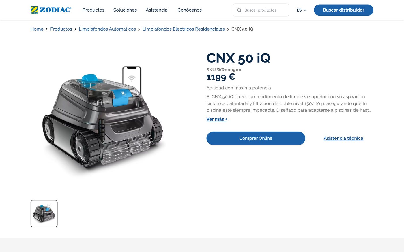 Captura de la ficha oficial de Zodiac CNX 50 iQ en el sitio de Zodiac
